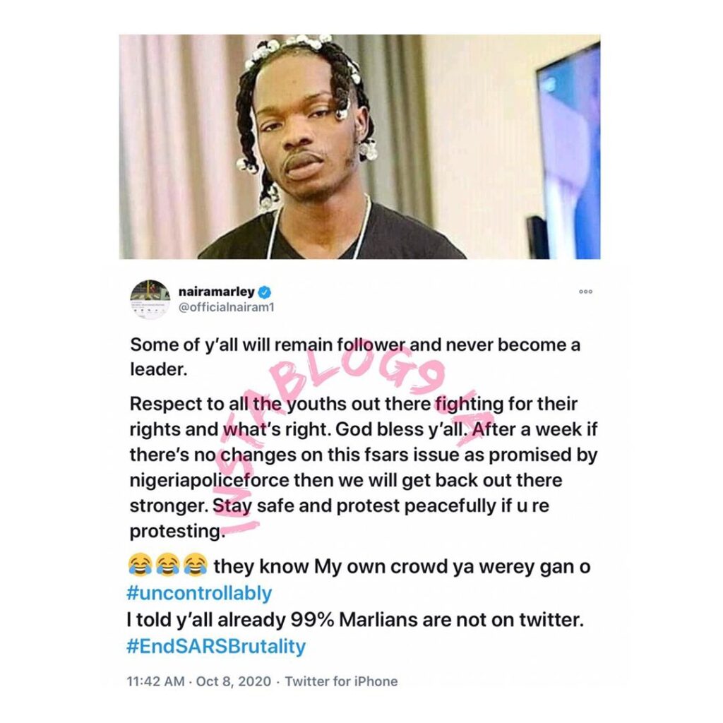 EndSARS: They know Marlians are mentally deranged — Singer Naira Marley