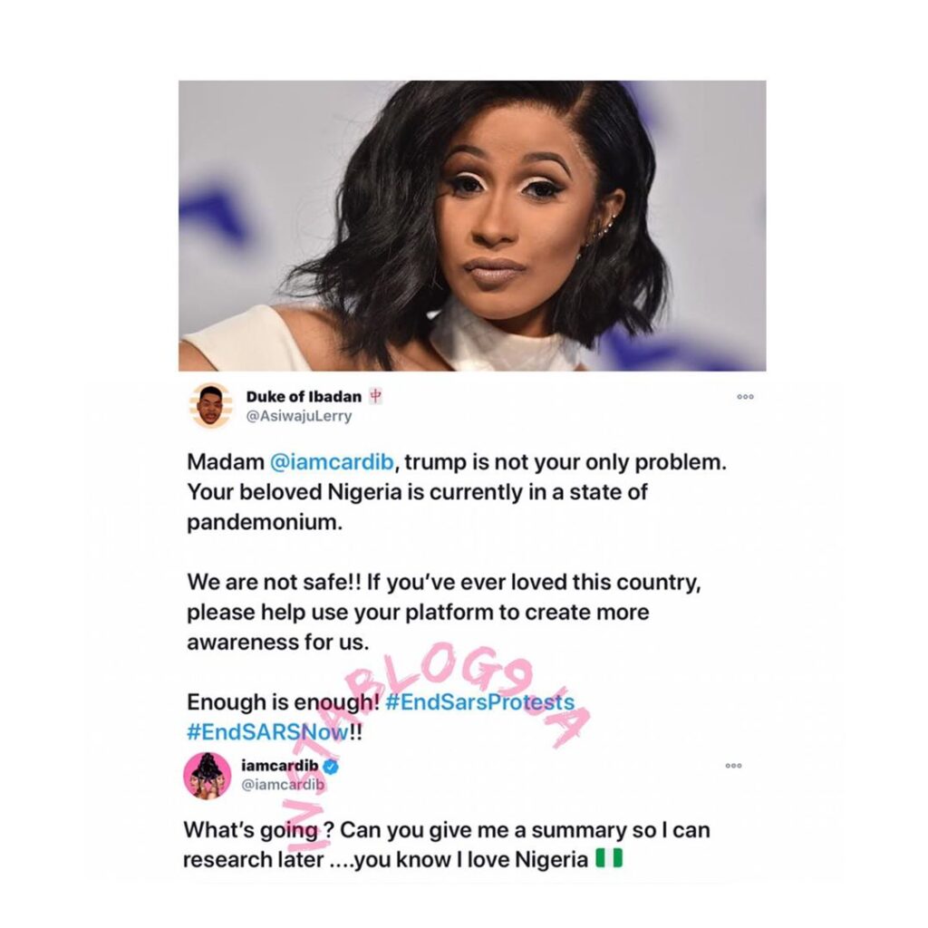 EndSARS: Hope for Nigerians as Rapper Cardi B is set to weigh in