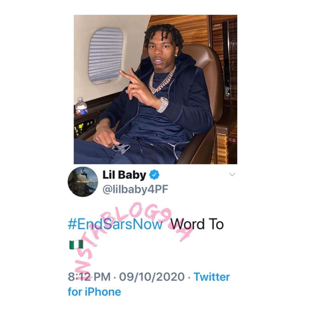 American rapper, Lil Baby, lends his voice to the #EndSARS movement