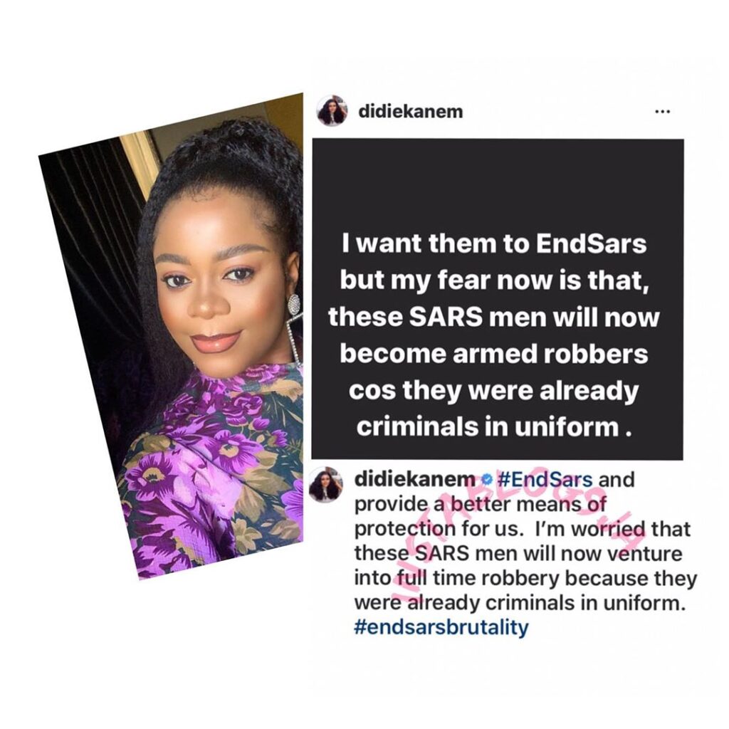 I’m worried that SARS operatives will become armed robbers if they #EndSARS — Actress Didi Ekanem