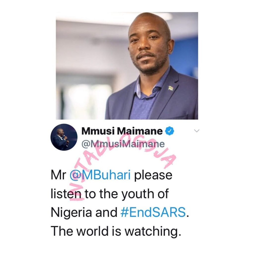 “Listen to the youths and end SARS. The world is watching,” South African politician, Mmusi Maimane, advises Buhari