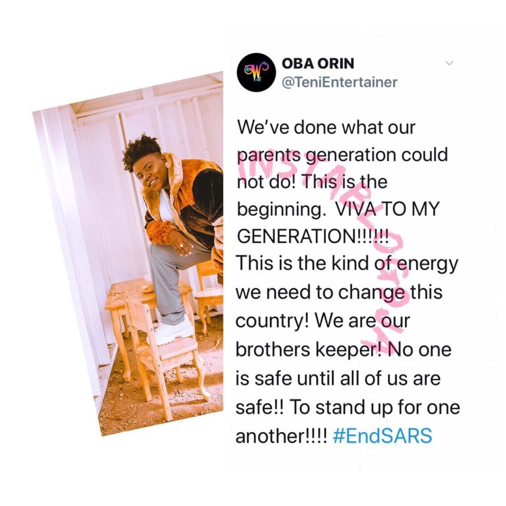 SARS: We have done what our parents generation could not do — Singer Teni
