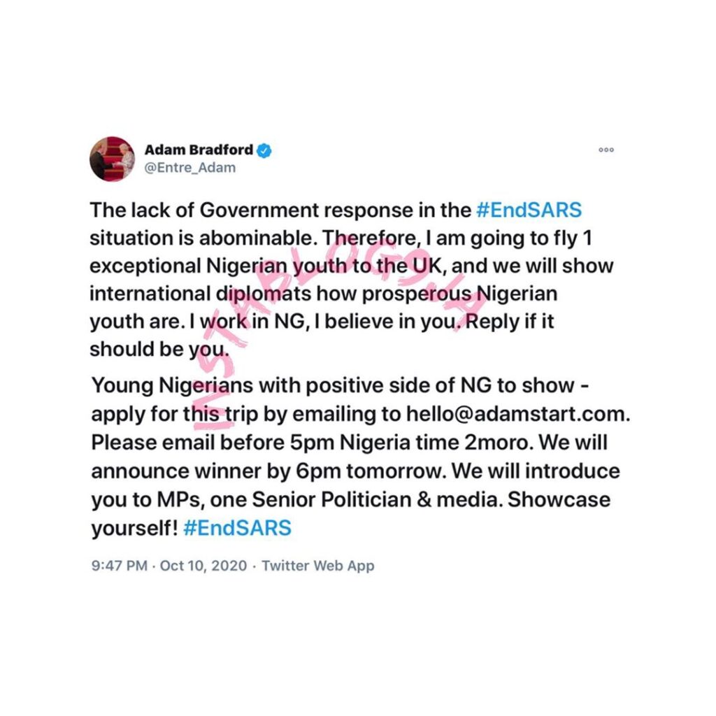 EndSARS: Queen's Young Leader, Adam Bradford, condemns FG’s silence. Set to fly one Nigerian to the UK.