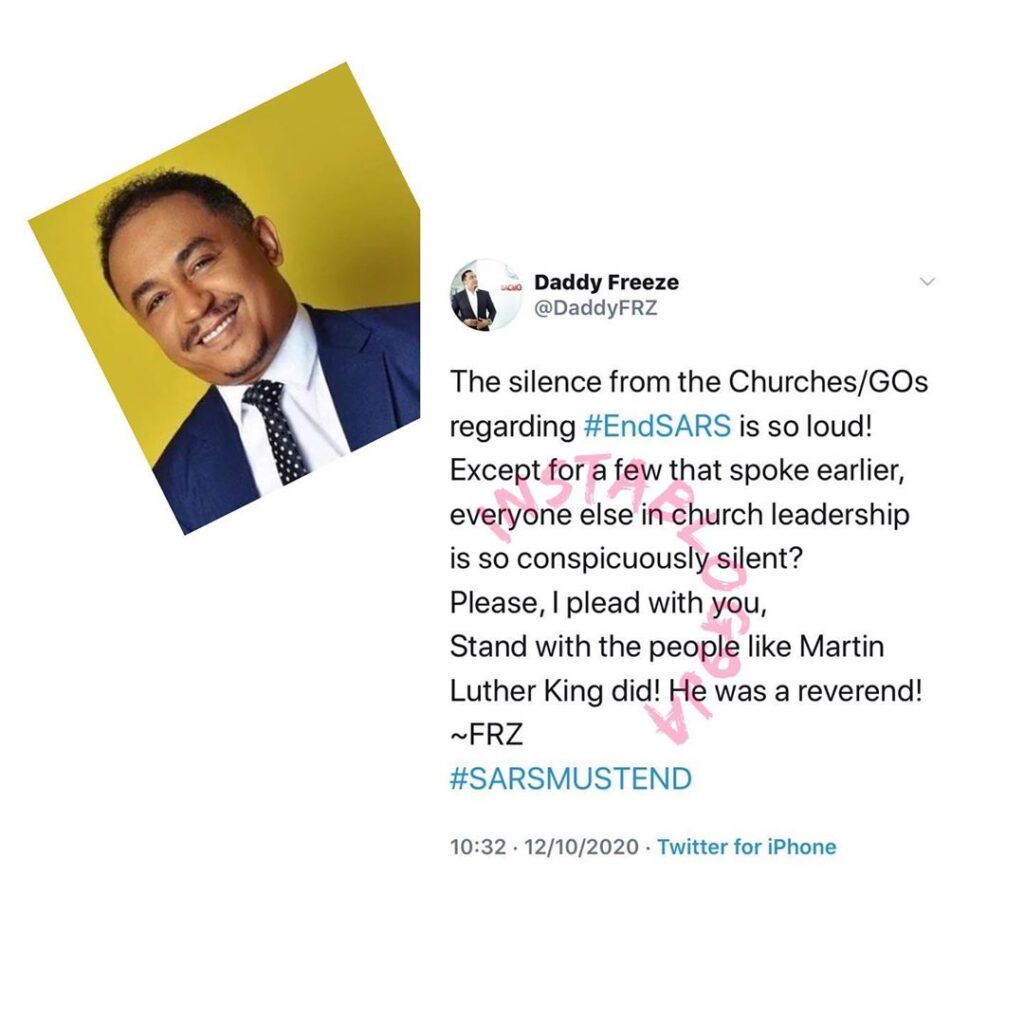 The silence from church leaders regarding #EndSARS is so loud — Daddy Freeze