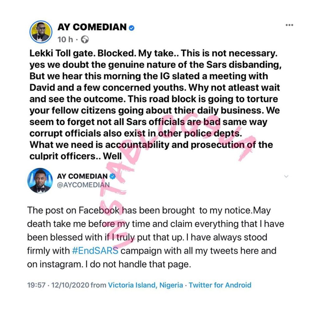 Comedian AY Makun distances himself from the post about SARS on his verified Facebook page