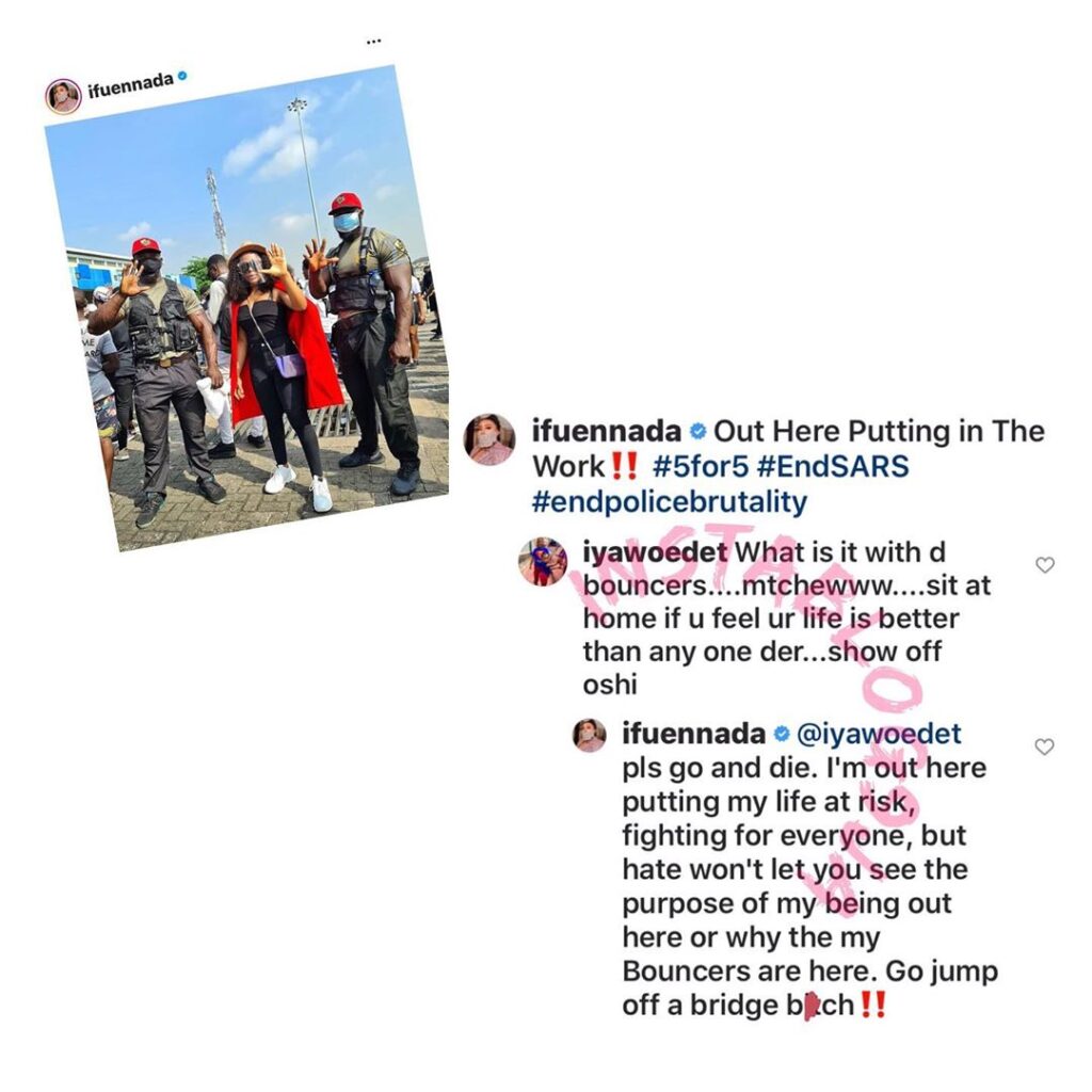 Reality Star IfuEnnada lampoons a follower who called her out for posing with bouncers at the #EndSARS protest