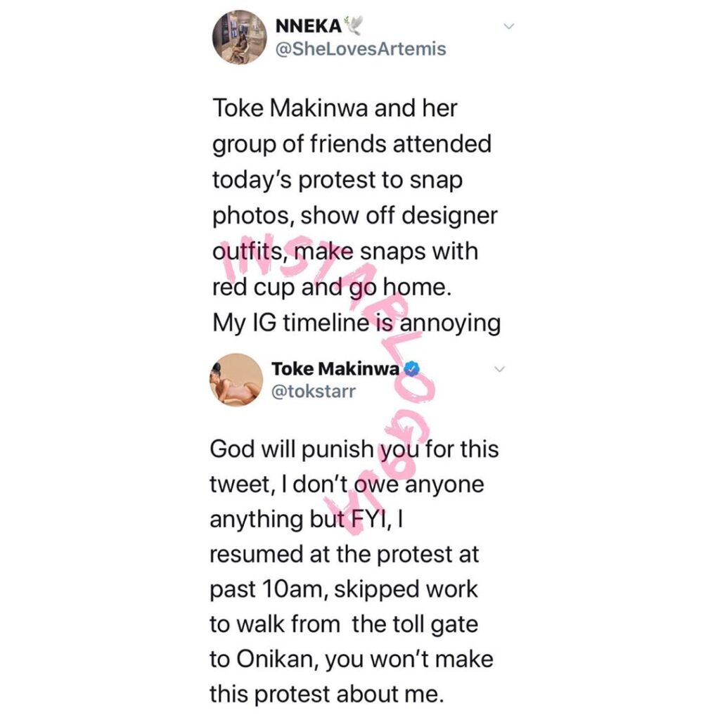Vlogger Toke Makinwa assures Blogger Nneka of God’s punishment for making the protest about her