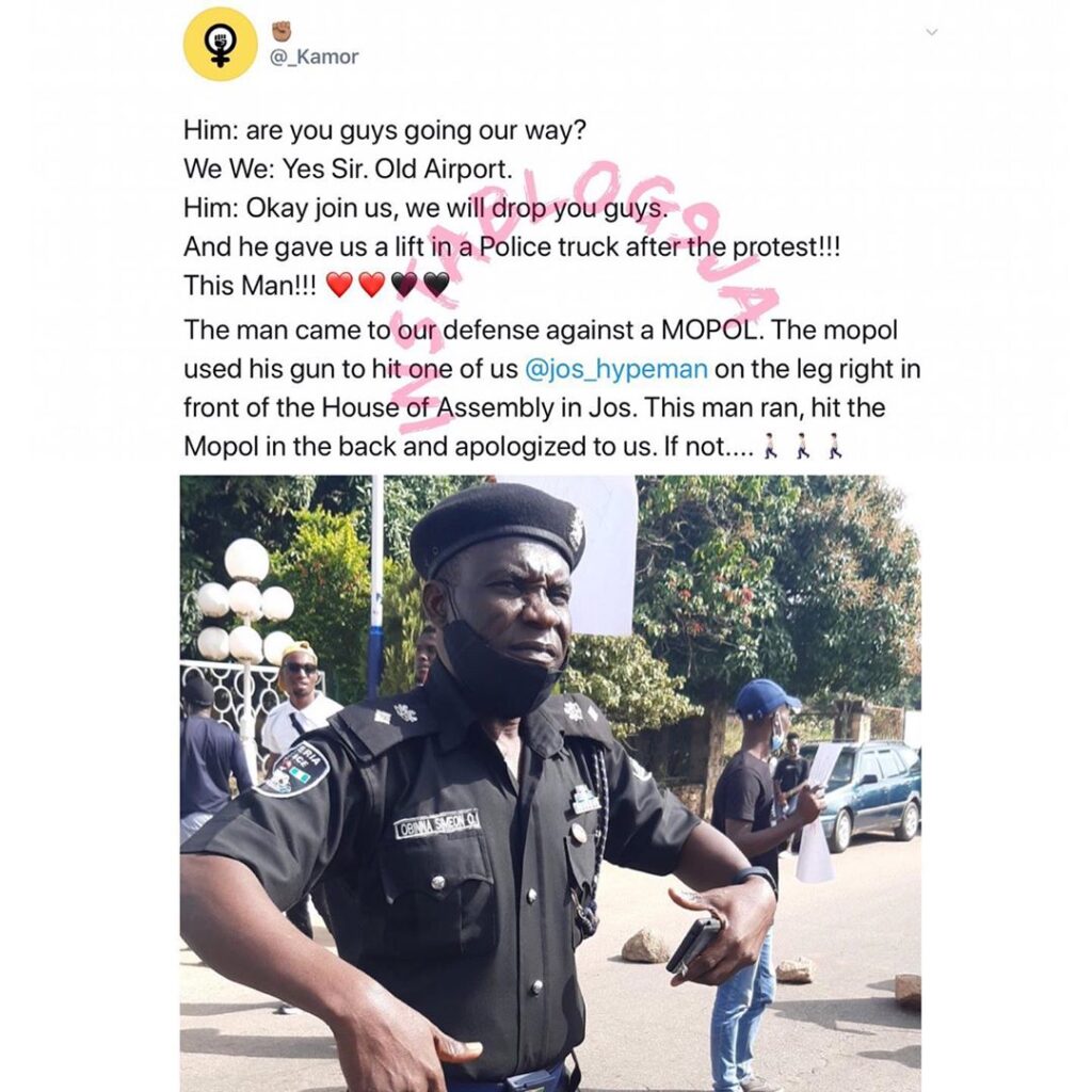 Police officer hailed for assisting #EndSARS protesters in Jos
