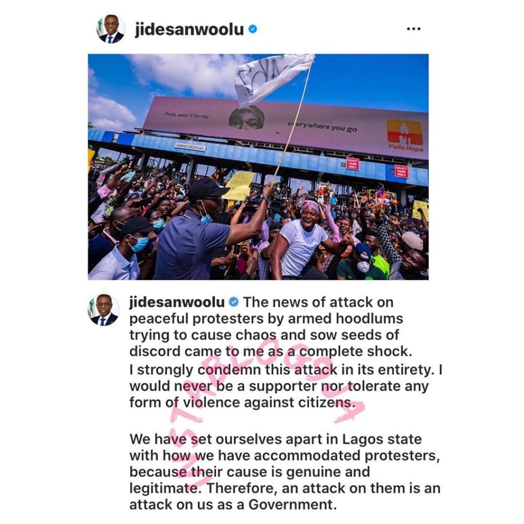 I have spoken loud and clear that attack on #EndSARS protesters in Lagos won’t be tolerated — Gov. SanwoOlu [Swipe]