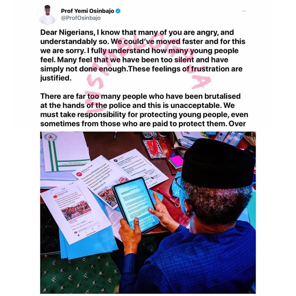 We owe you a duty to win back your trust — VP. Osinbajo to EndSARS protesters [Swipe]