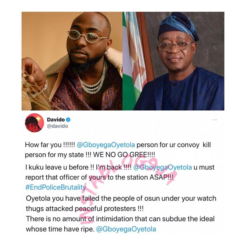 We won’t agree — Davido calls out Osun Governor over the alleged killing of two EndSARS protesters in the state.[Swipe]