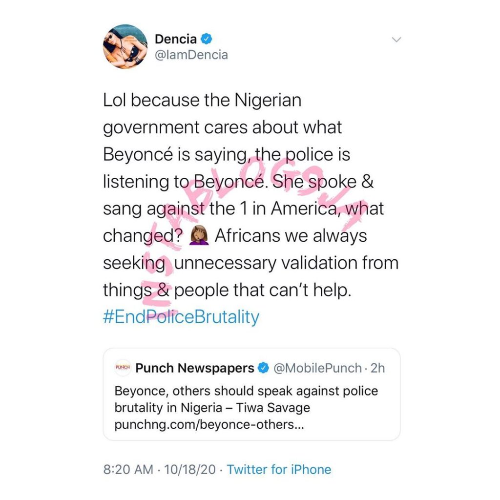Cameroonian Singer Dencia, lampoons Tiwa Savage for calling out Beyoncé over Police brutality in Nigeria