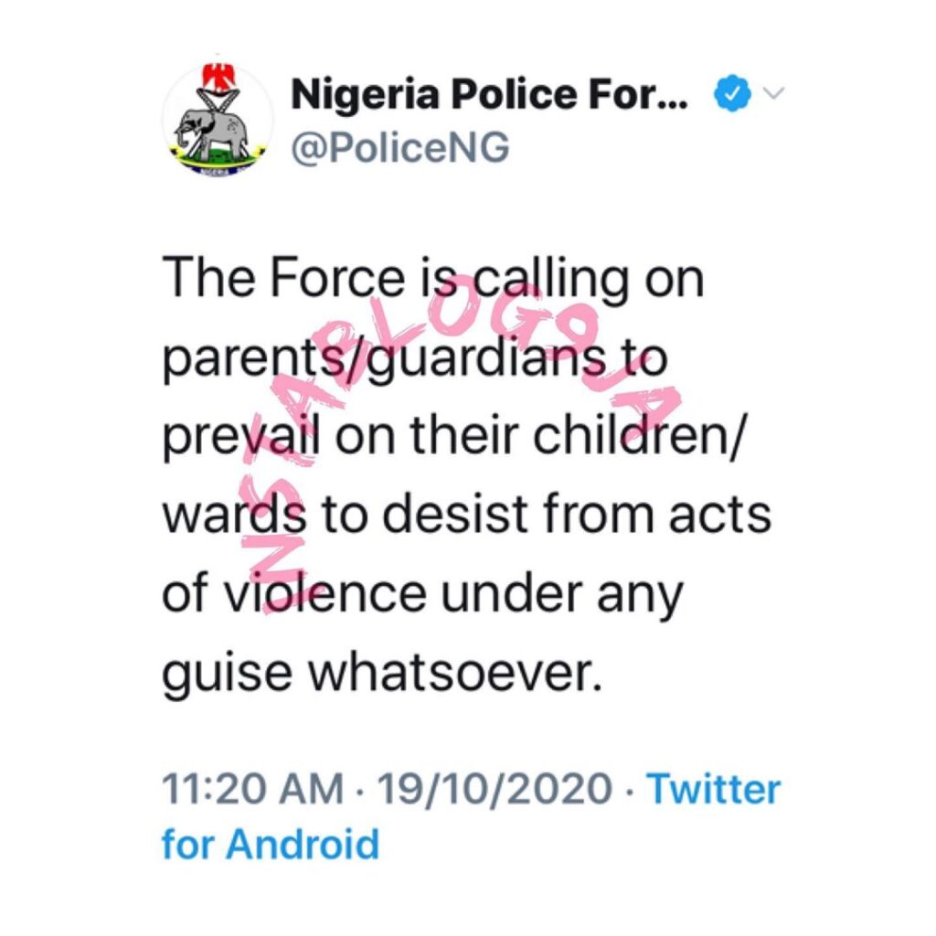 EndSARS: Nigerian Police warn parents, guardians to caution their wards