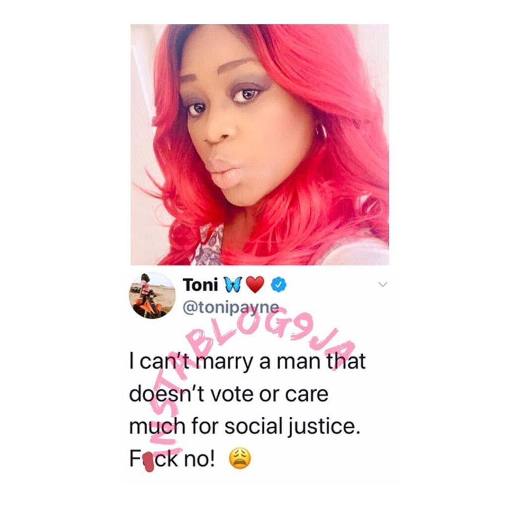 I can’t marry a man that doesn’t vote or care much for social justice — Singer 9ice’s ex-wife, Toni Payne, shares valuable information about her love life