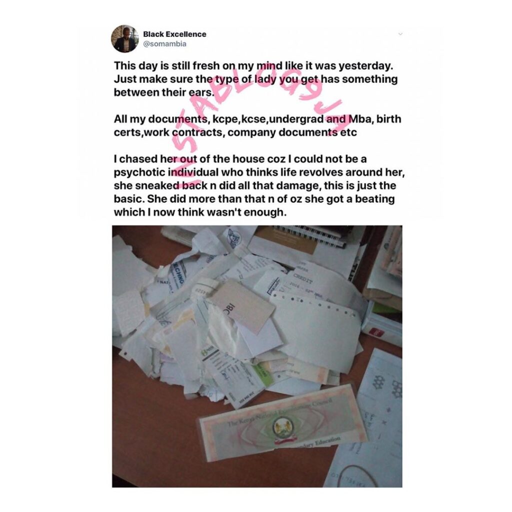 Businessman warns others, as he recounts how his ex tore all his certificates and documents after he broke up with her