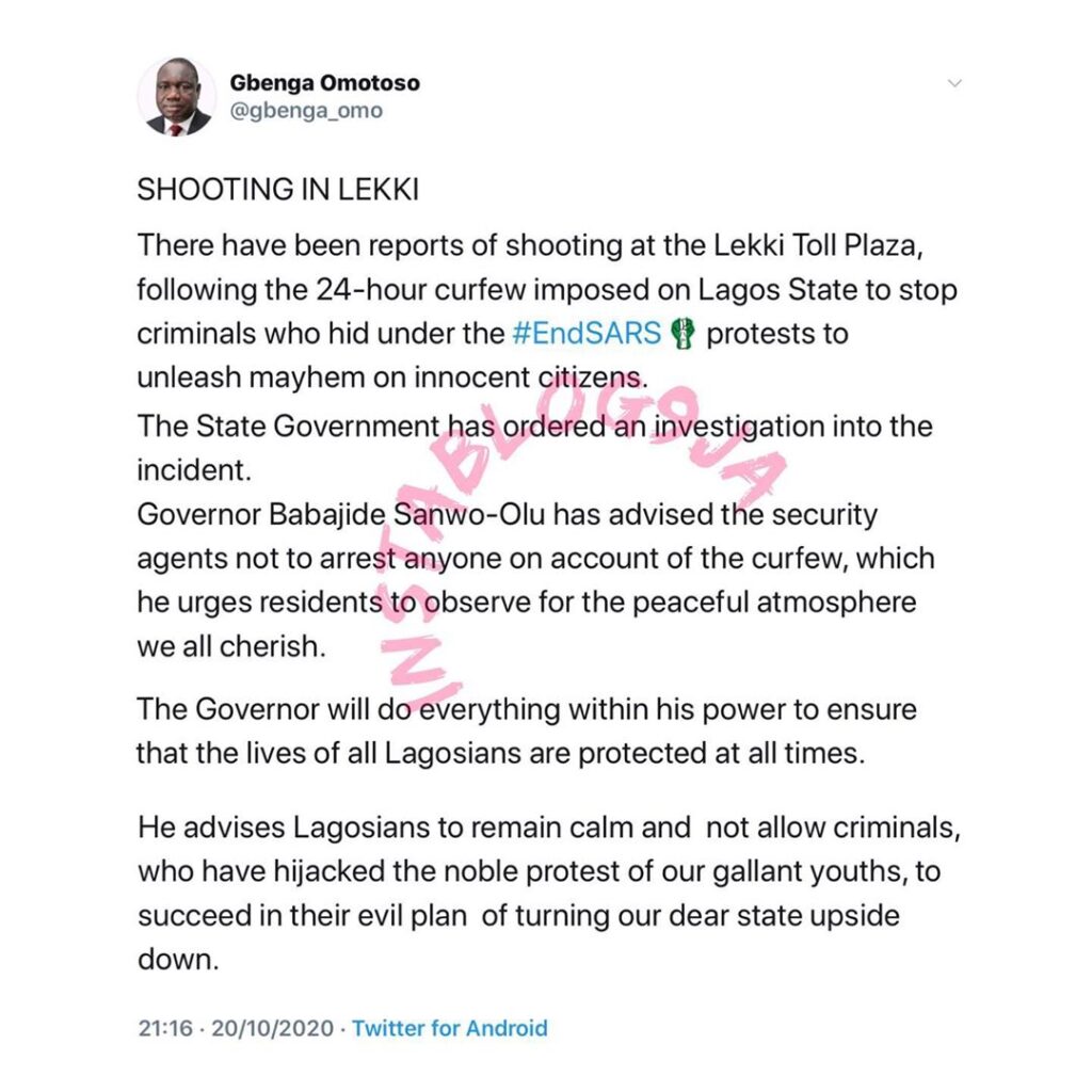 JUST IN: Gov. Sanwoolu of Lagos State orders probe of Lekki shooting