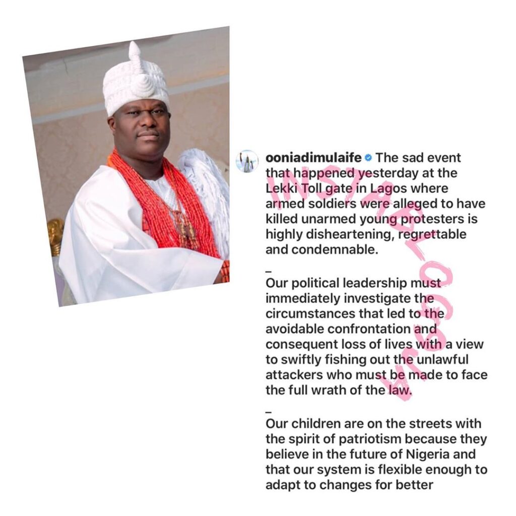 EndSARS: It’s time to calm down and allow the traditional rulers to lead the way to peace — Ooni of Ife, Oba Adeyeye Enitan. [Swipe]