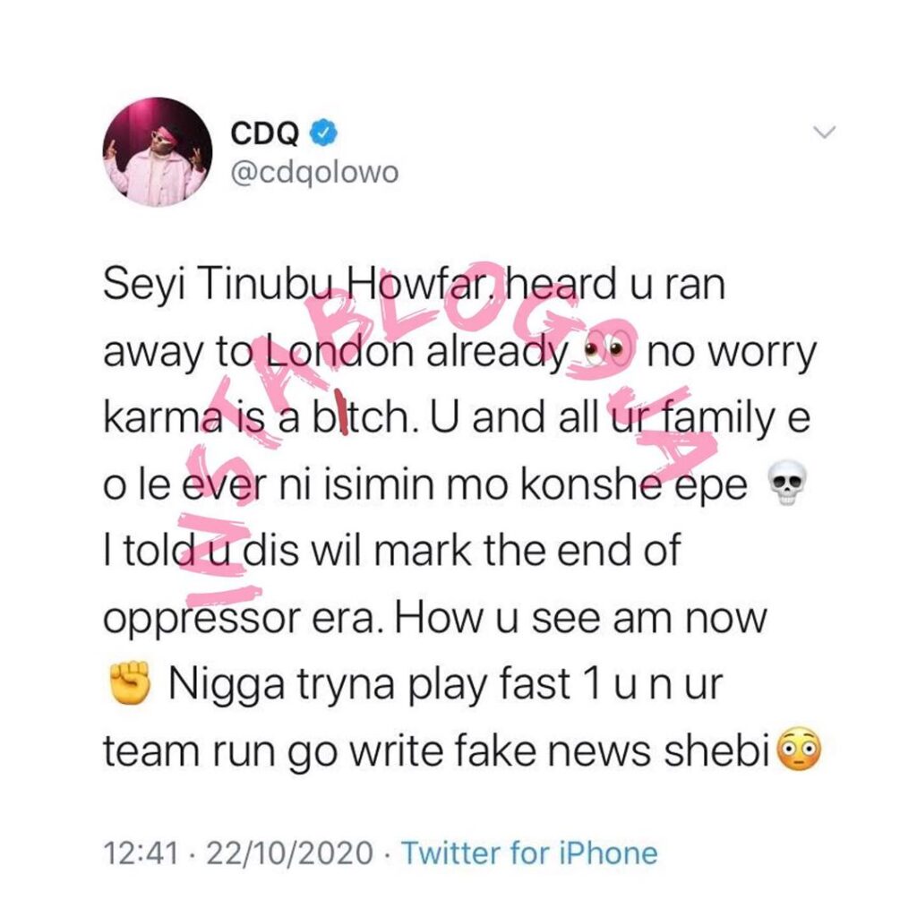 Karma is a b*tch, Rapper CDQ taunts Seyi Tinubu, days after accusing him of disrespect. [Swipe]