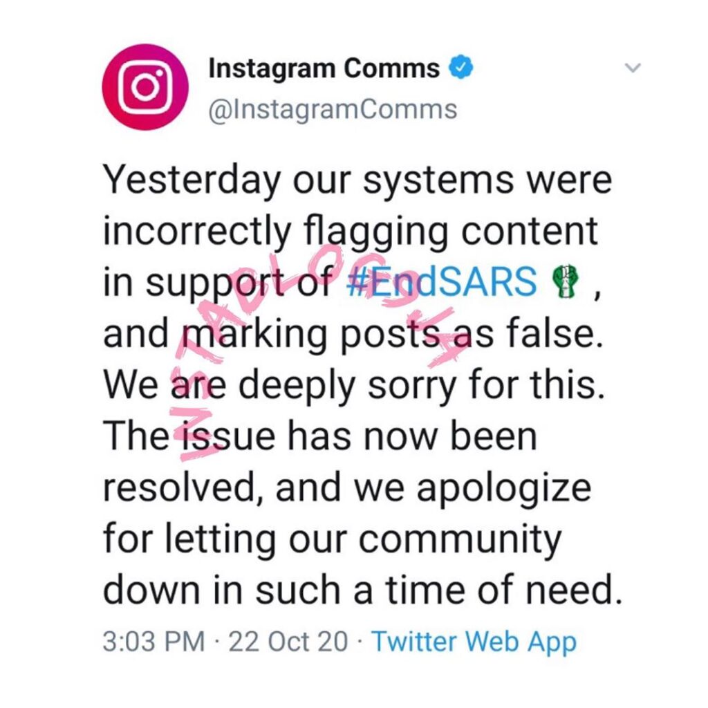 Instagram apologizes for flagging content in support of #EndSARS movement