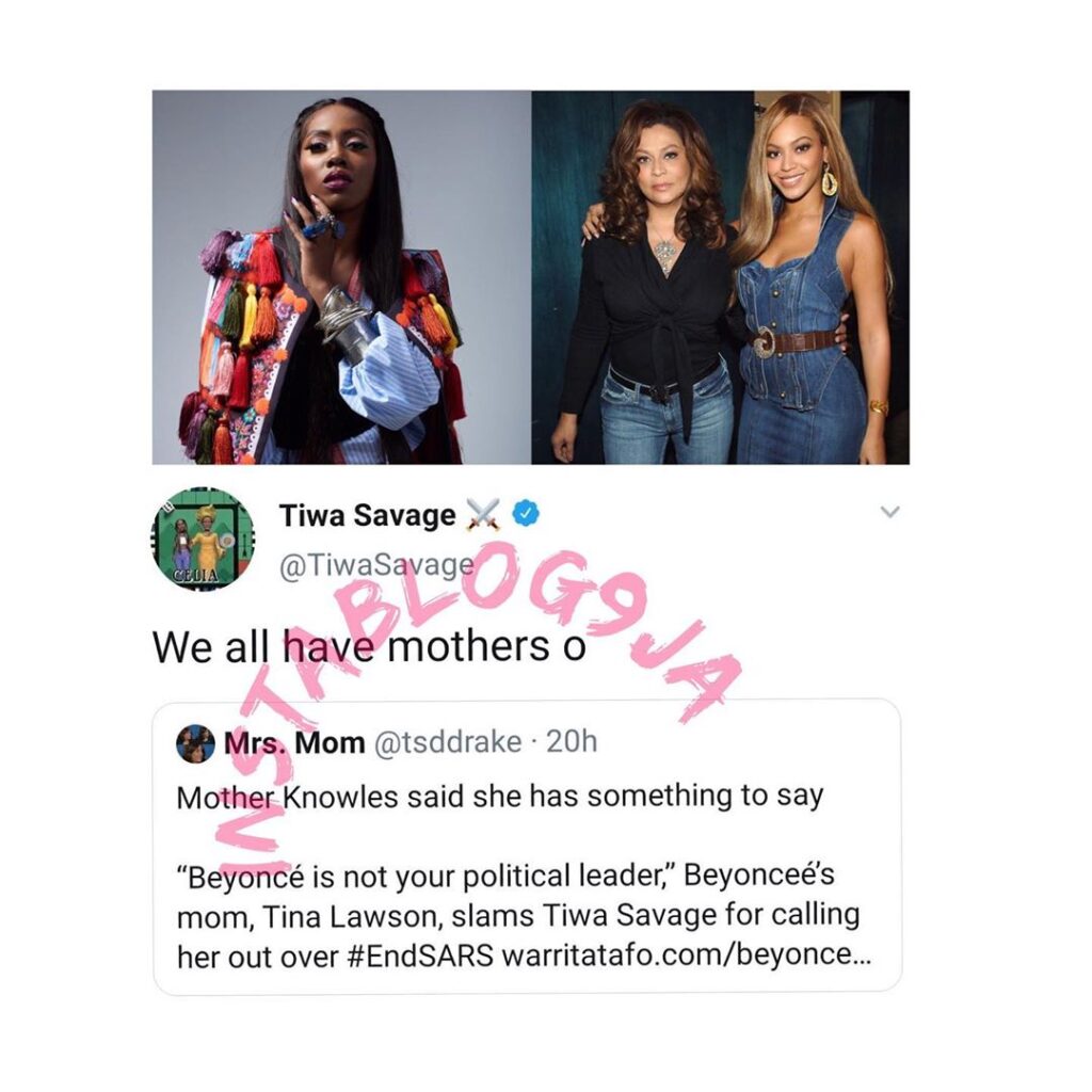 Singer Tiwa Savage replies Beyoncé’s mom, Tina Lawson [Swipe]