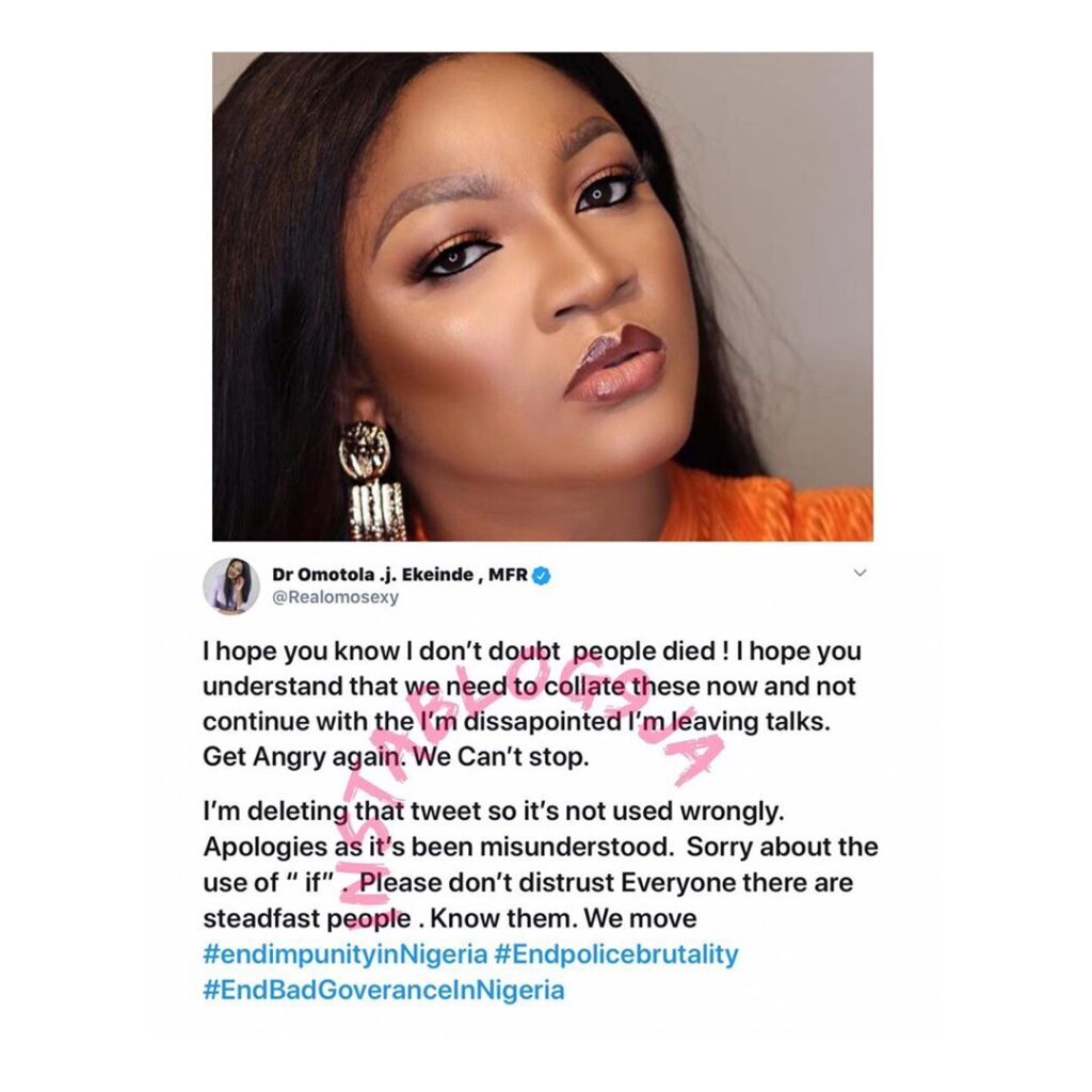 “I hope you know I don’t doubt people died,” Actress Omotola says, as she apologizes for her comment on Lekki tollgate shooting [Swipe]