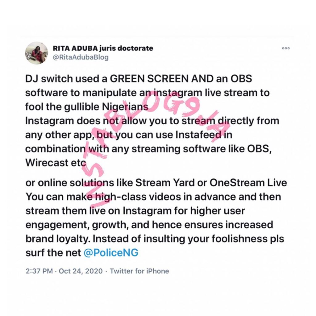 Lekki Tollgate Shooting: DJ Switch used apps to manipulate an Instagram live to fool gullible Nigerians — Barrister Aduba