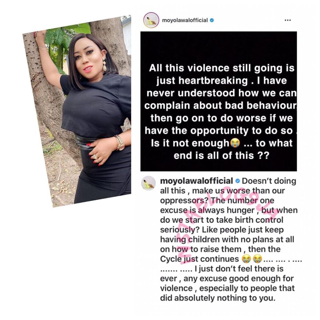 Actress, Moyo Lawal, calls for the use of birth control, to help reduce the spread of violence in the country