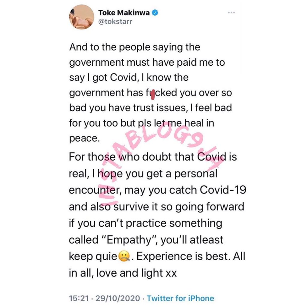 May you catch COVID-19 — Toke Makinwa addresses those saying she must have been paid to announce she was infected. [Swipe]