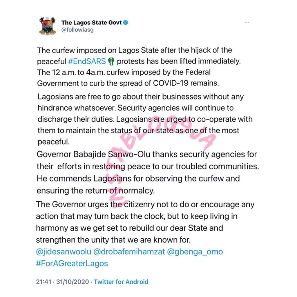 Lagos State Government lifts curfew