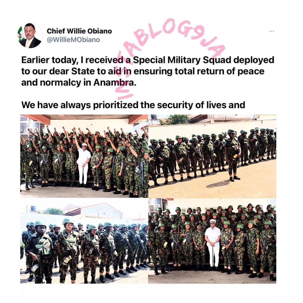 All female military squad deployed to Anambra State to restore normalcy and ensure it remains the safest state in Nigeria. [Swipe]