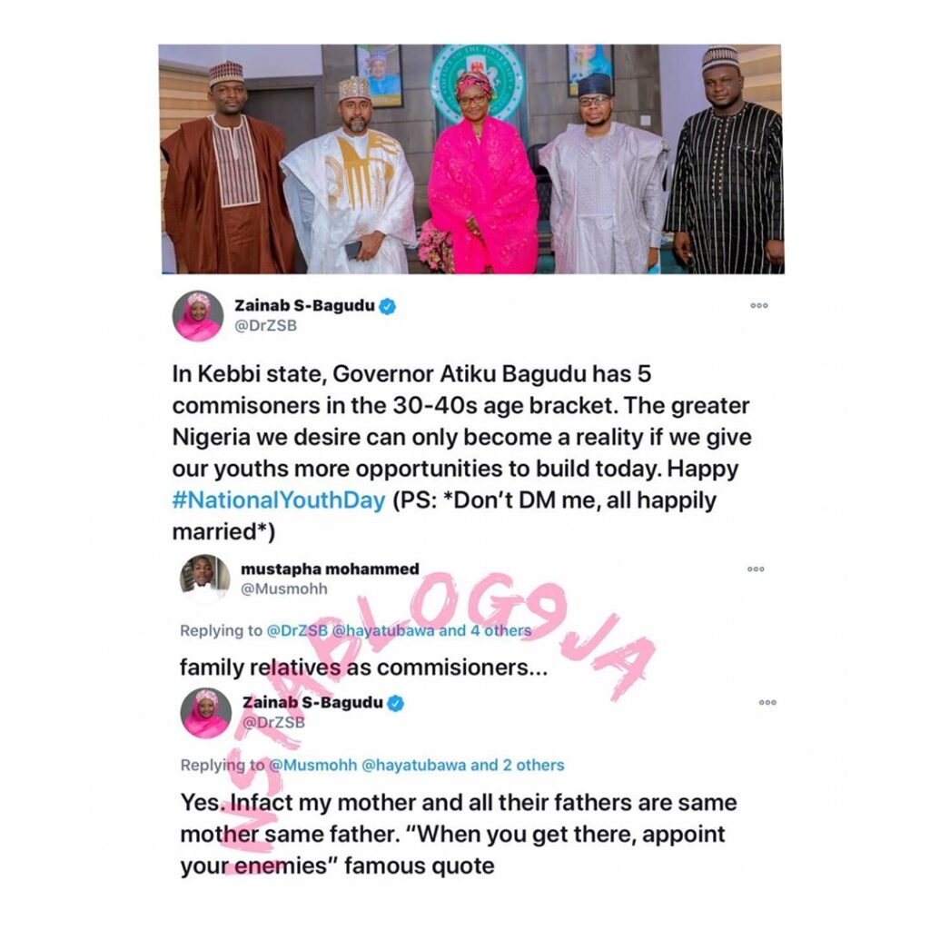 Kebbi State First Lady, Zainab Shinkafi replies man who accused her husband of appointing only relatives as commissioners