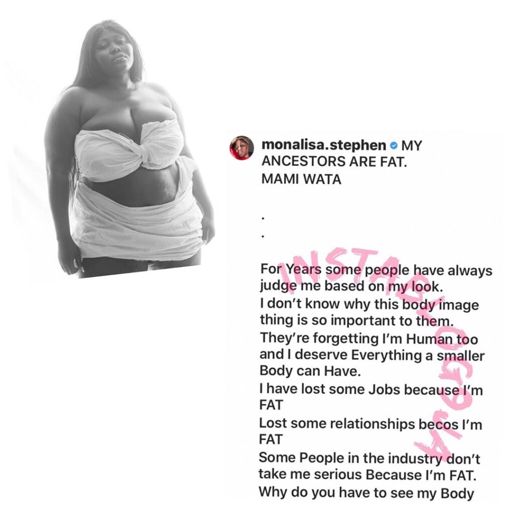 Actress Monalisa Stephen claps back at trolls, who despite her epistle on body shaming, went ahead to body shame her [Swipe]