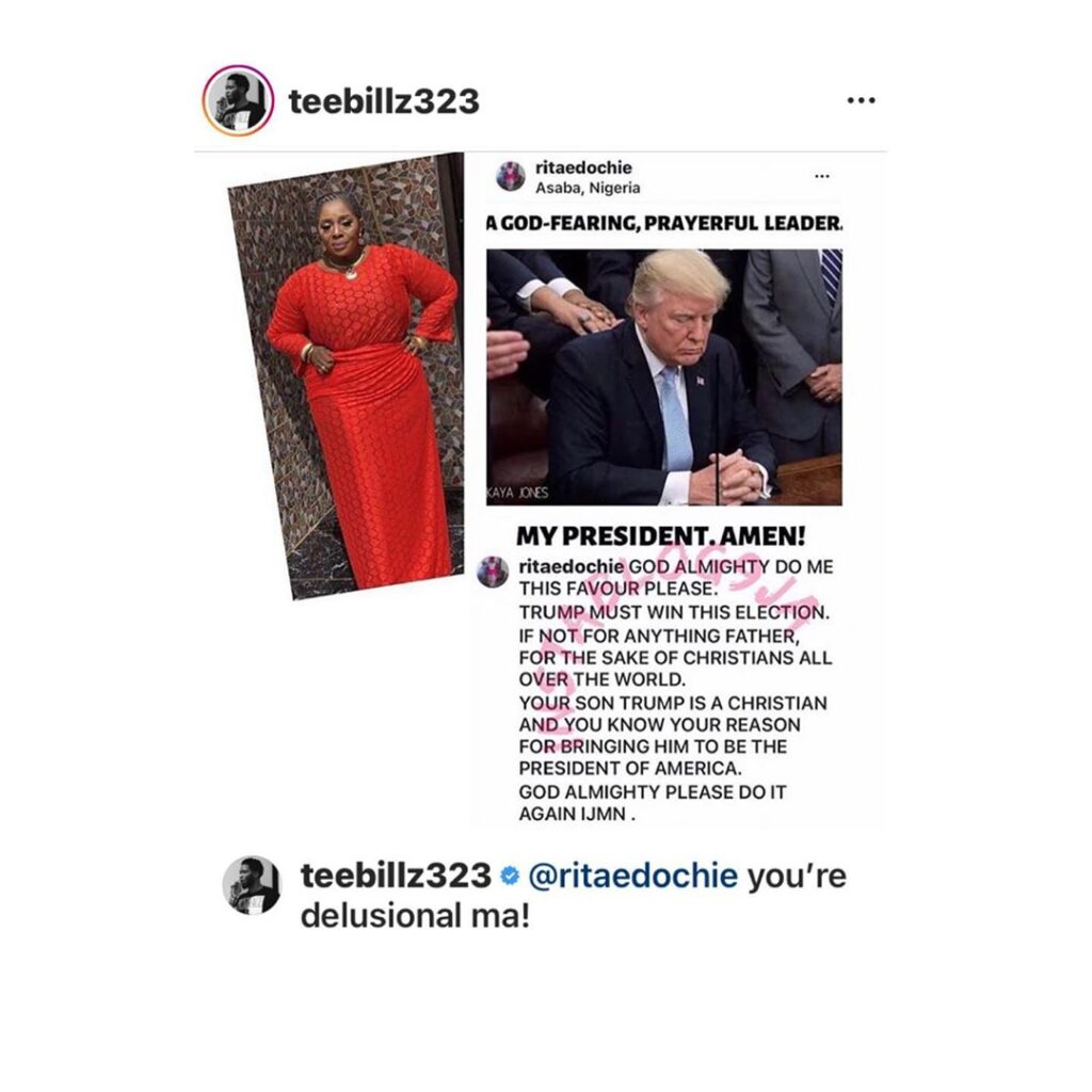 Singer Tiwa Savage’s ex-husband, Tee Billz, respectfully knocks actress Rita Edochie over her inconsequential support for Donald Trump
