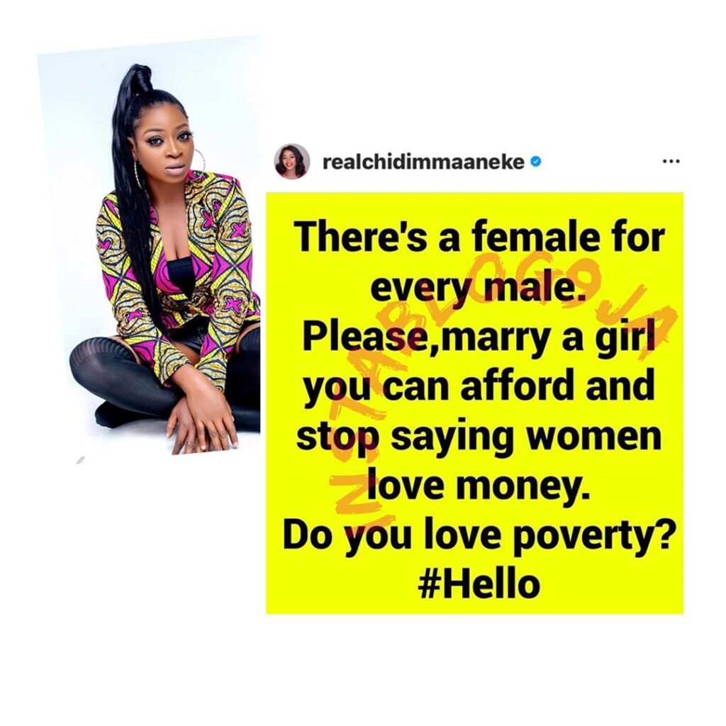 “Marry a woman you can afford and stop saying women love money,” Actress Chidimma Aneke tells men