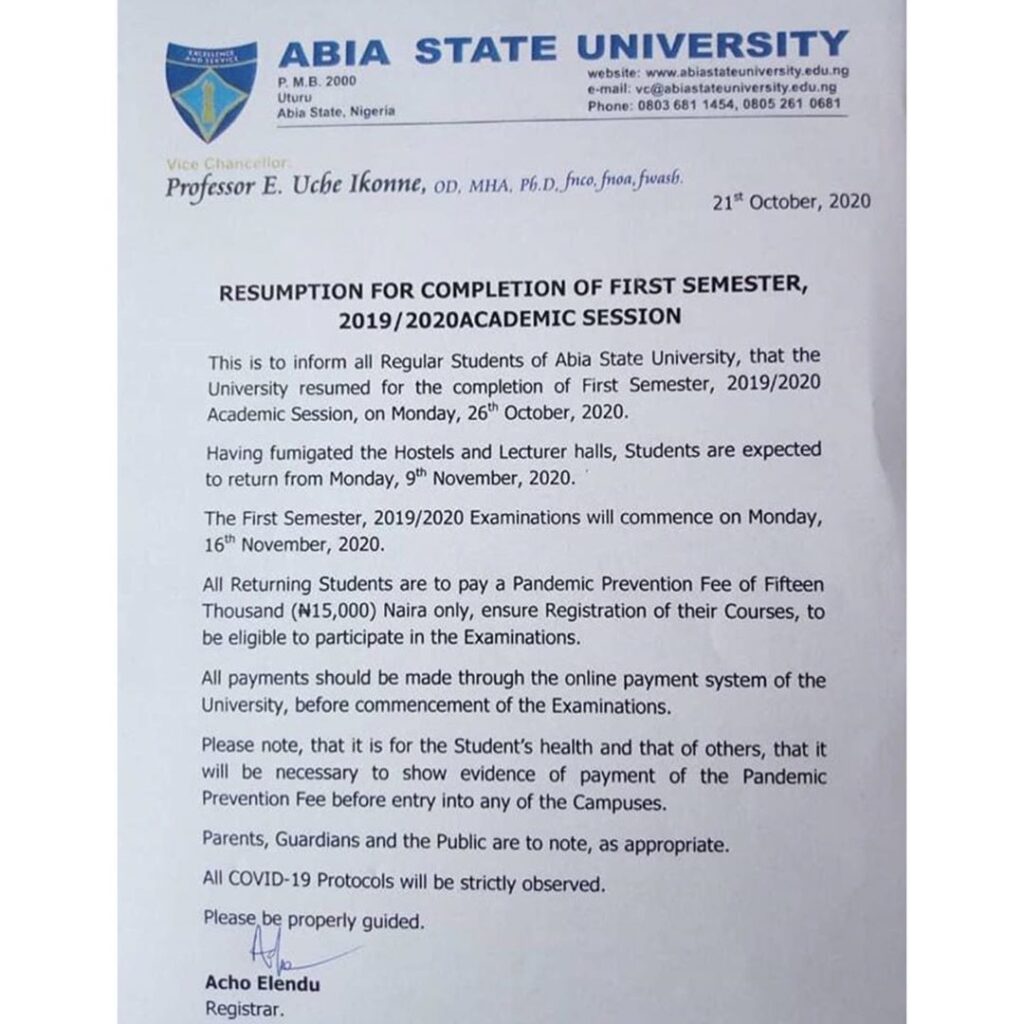 For things to go smoothly, Abia State University allegedly asks students to pay N15k “Pandemic Prevention Fee”