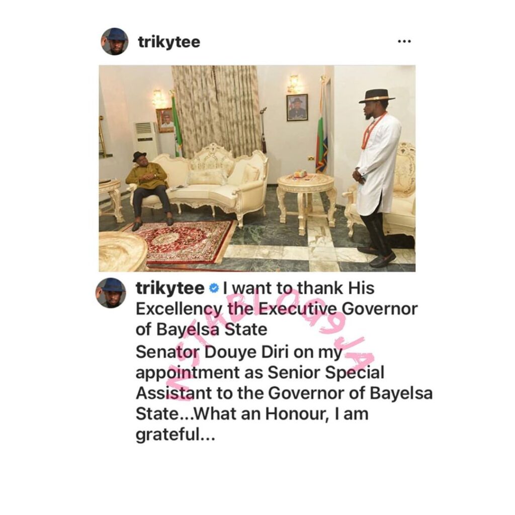 Gov. Douye Diri of Bayelsa State also appoints BBN’s Trikytee as Senior Special Assistant