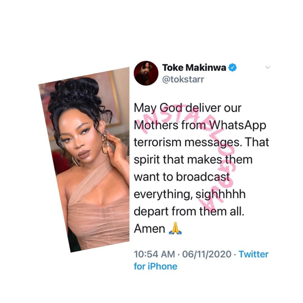 May God deliver our moms from WhatsApp broadcast messages — Media personality Toke Makinwa