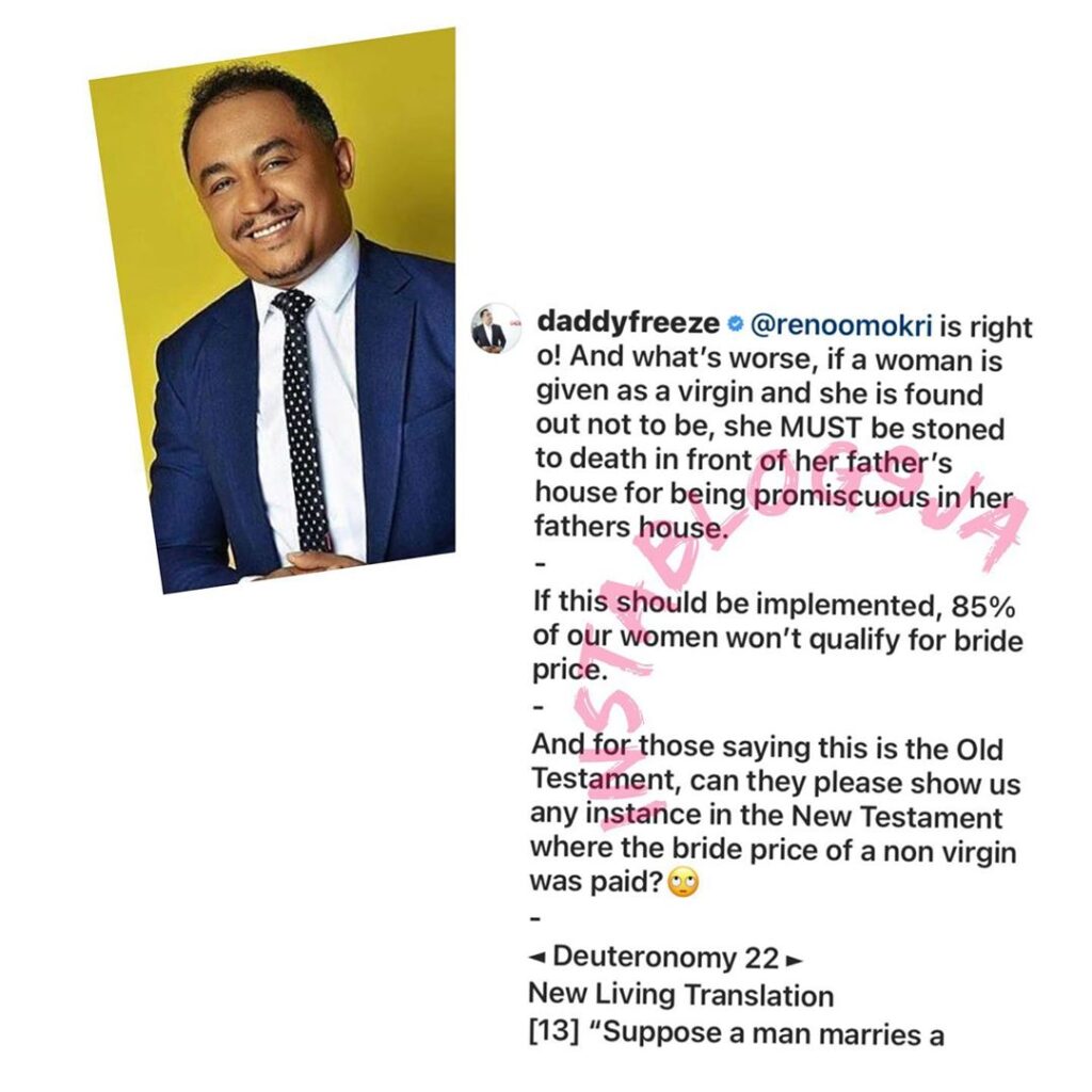 Reno Omokri is right. Bride Price is only paid for virgins — OAP Daddy Freeze [Swipe]