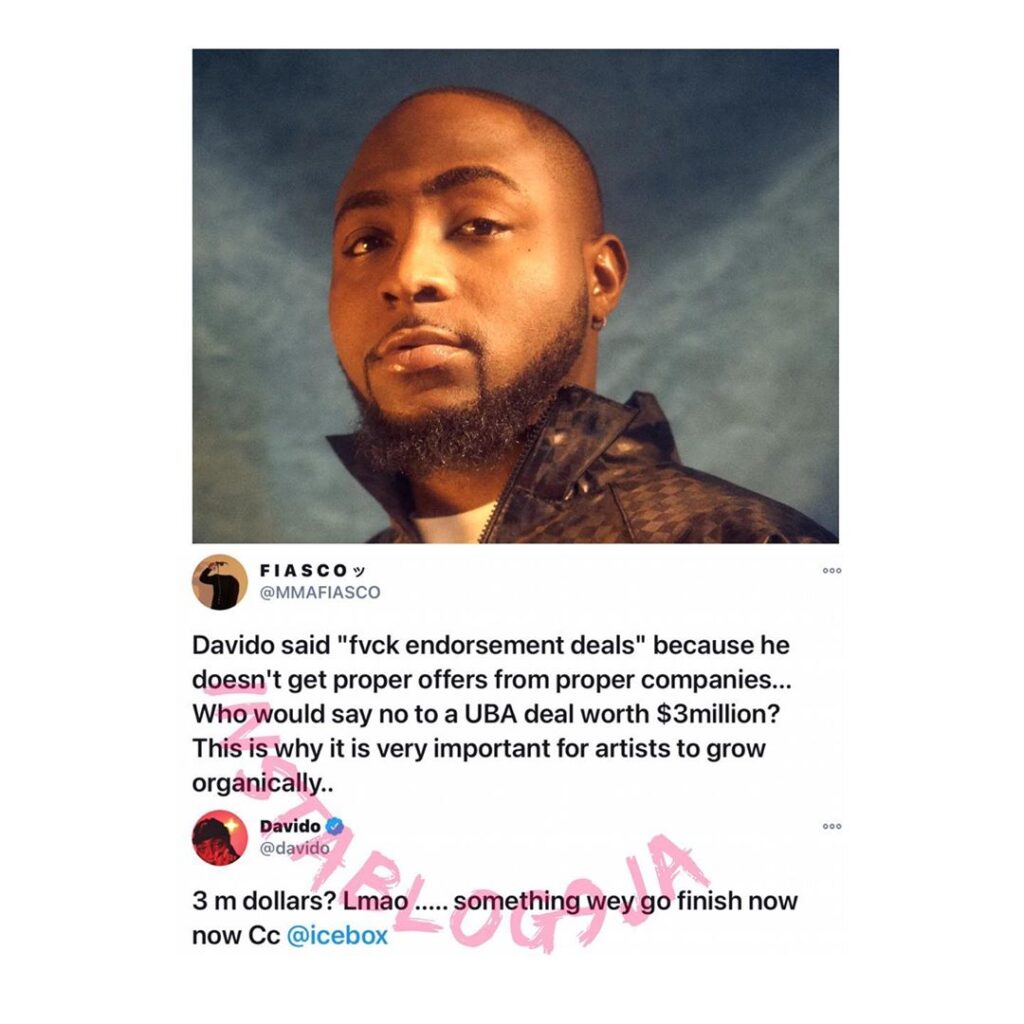 Singer Davido replies Wizkid’s fan who dragged him over his comment on celebrity endorsements [Swipe]
