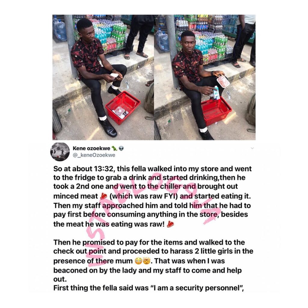 Suspected FRSC official caught eating stolen raw meat at a supermarket [Swipe]