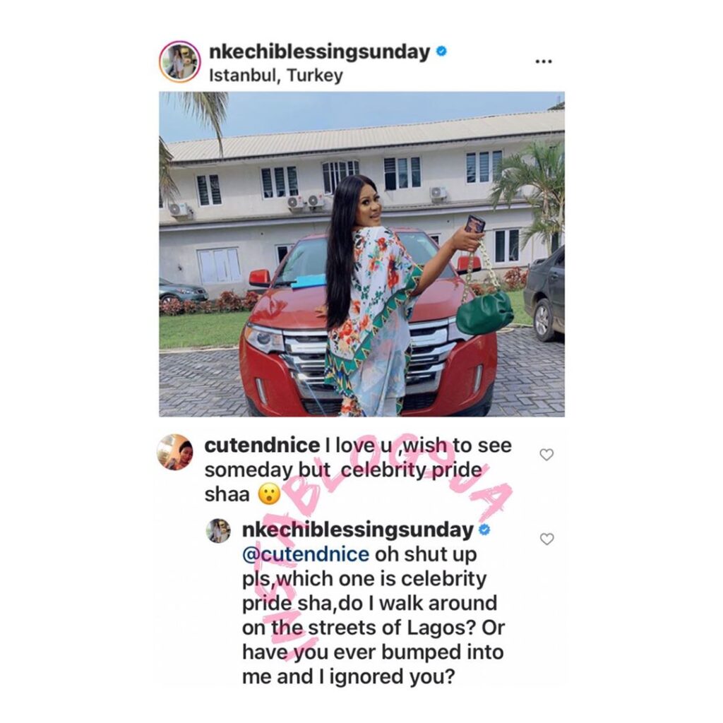Actress Nkechi Sunday knocks fan who accused her of being proud