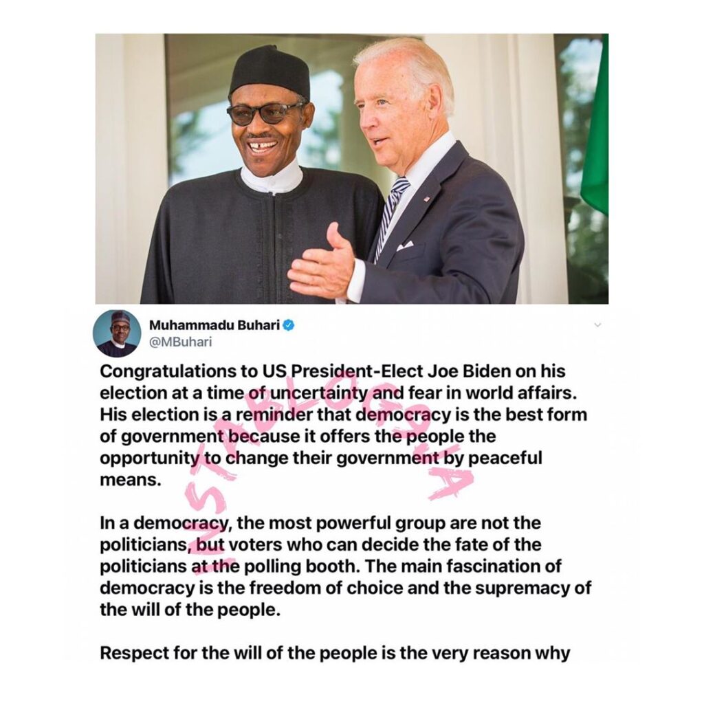 Pres. Buhari congratulates US President-Elect Joe Biden [Swipe]