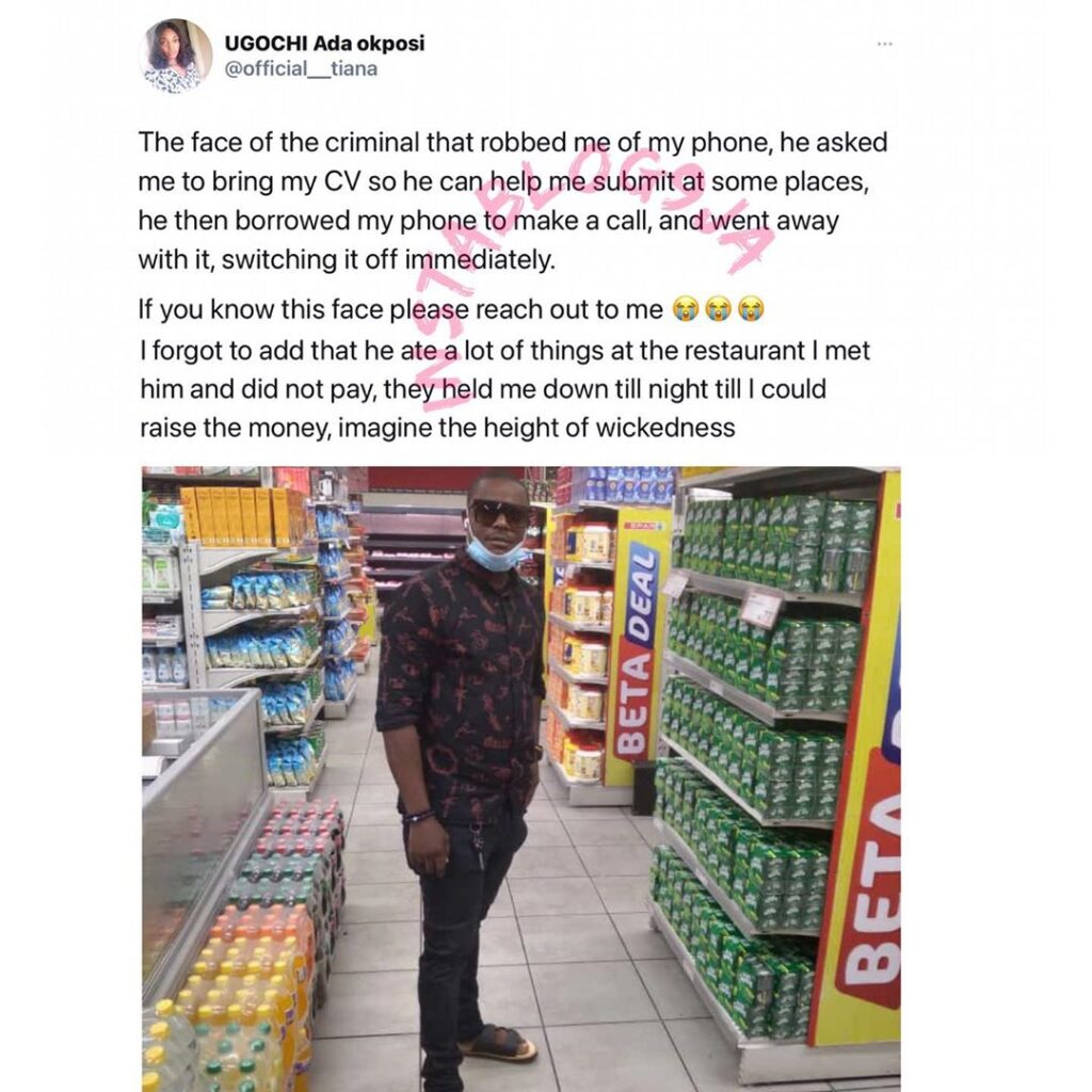 Lady cries out after a Samaritan ran away with her phone and left her with debt at a restaurant in Lagos