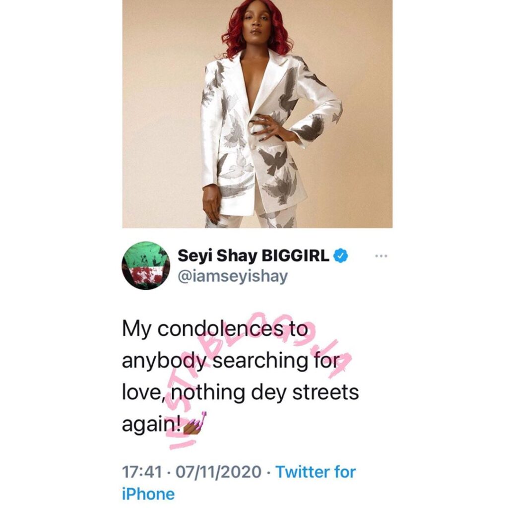 After testing the waters, Singer Seyishay sends her condolences to those still frantically searching for love