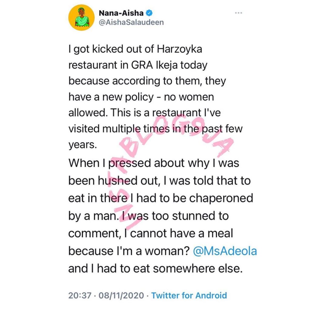 Journalist calls out a Lagos restaurant for allegedly refusing her entry because she wasn’t accompanied by a man