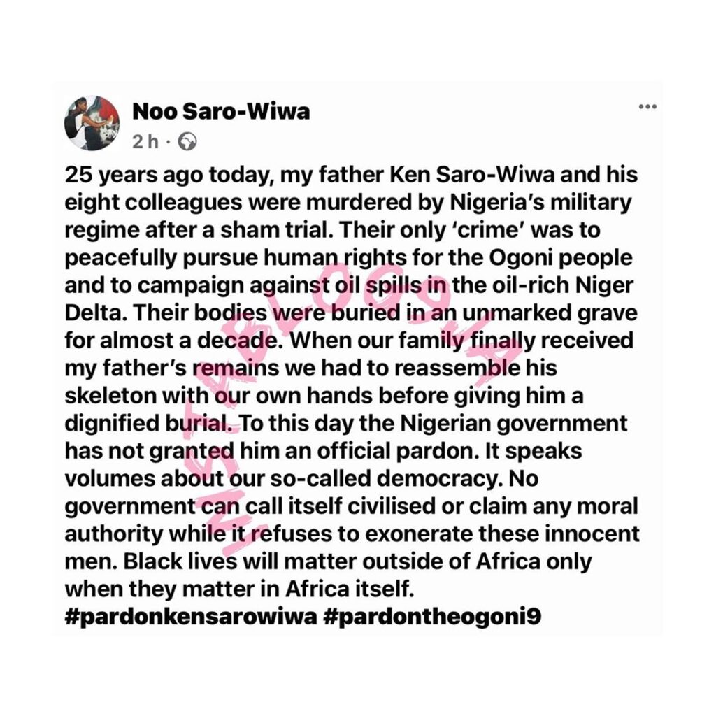 25years after his death, daughter of Activist Ken Saro-Wiwa, speaks