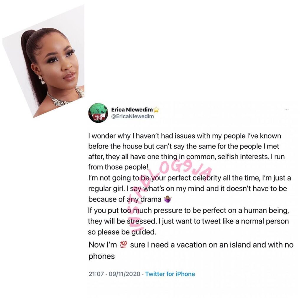 Actress Erica goes on a lengthy rant on Twitter