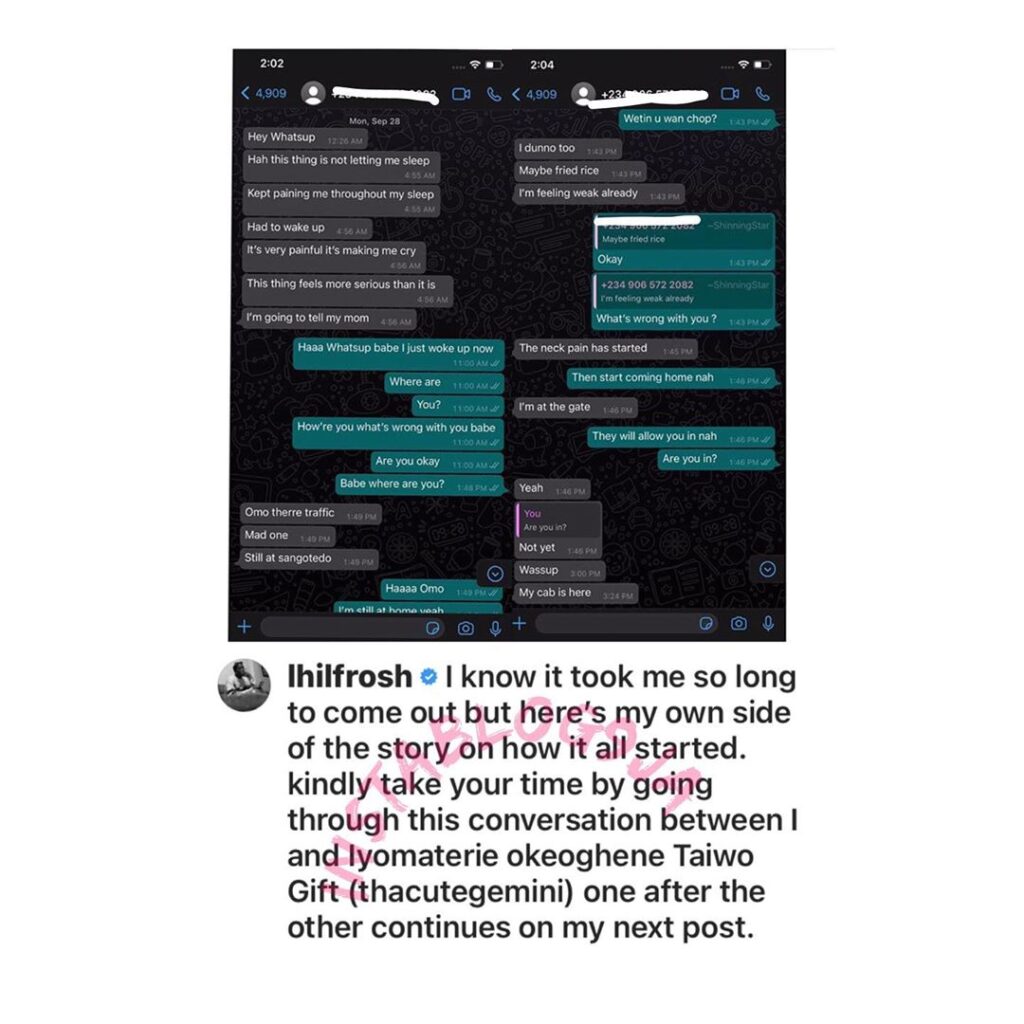 Domestic Violence Allegations: In a bid to clear his name, Singer Lil’frosh leaks his WhatsApp conversations [Swipe]