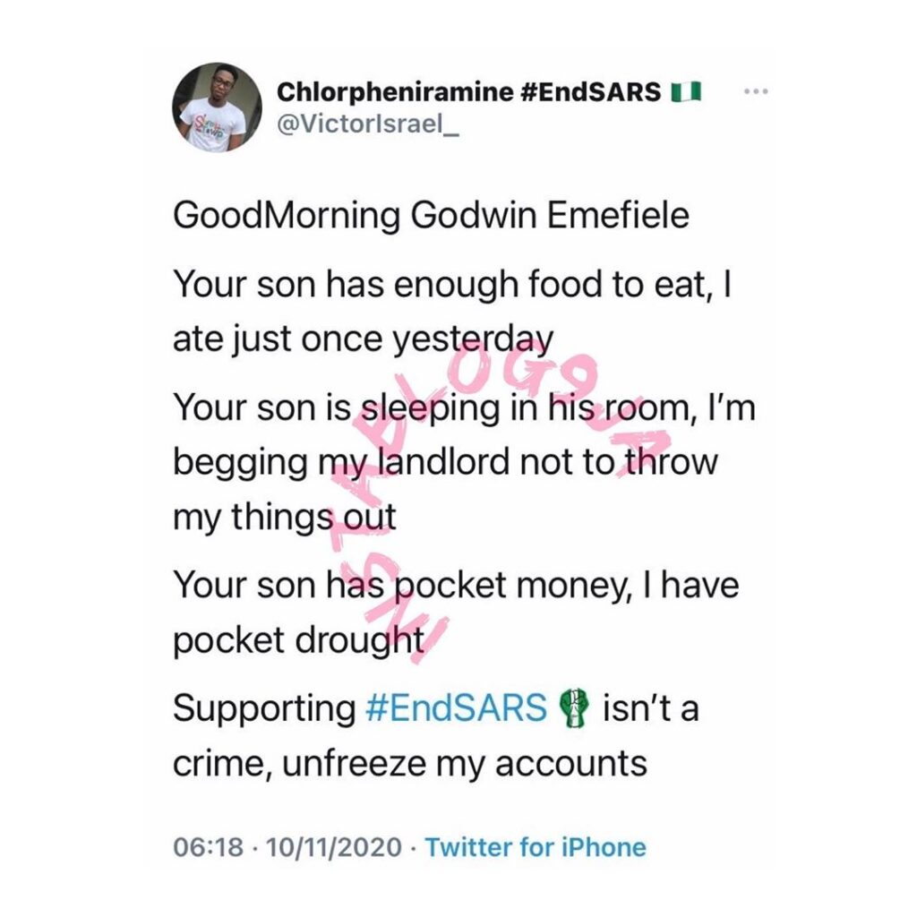 Man whose account was allegedly frozen for supporting  #EndSARS protest pleads with the CBN
