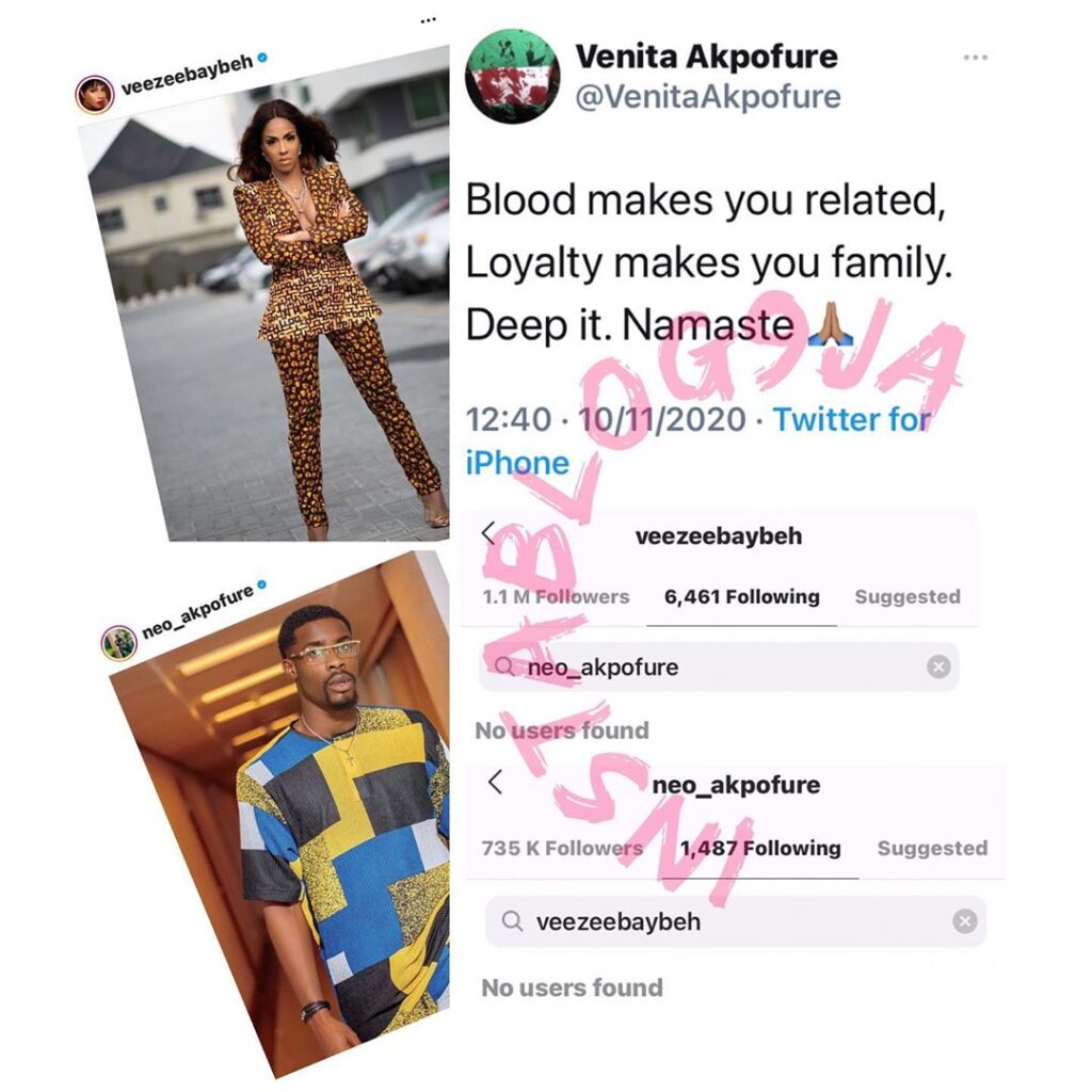 For the first time in a millennium, water finally becomes thicker than blood as BBN's Venita and her cousin, Neo, unfollow each other on IG